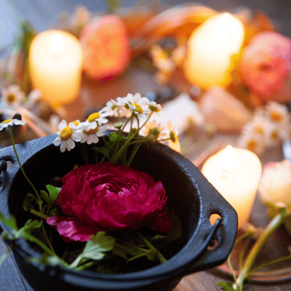 Honoring ancestors during the thinning of the veil by making an ancestor altar with a small cauldron and flowers. 