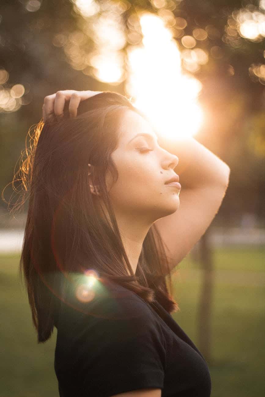 Woman breathing to release stress.