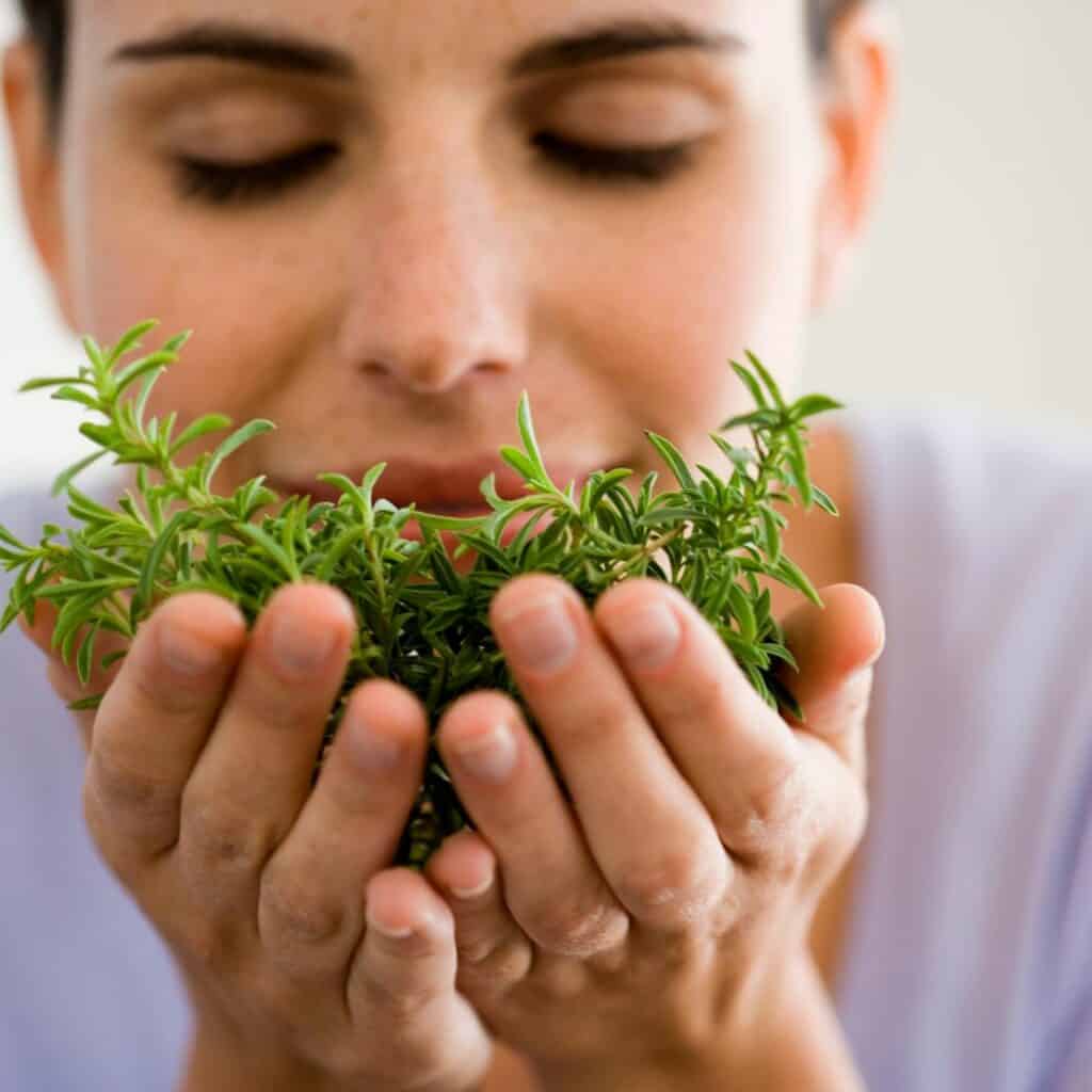 A woman with less stress as she's sniffing herbs that calm the mind.