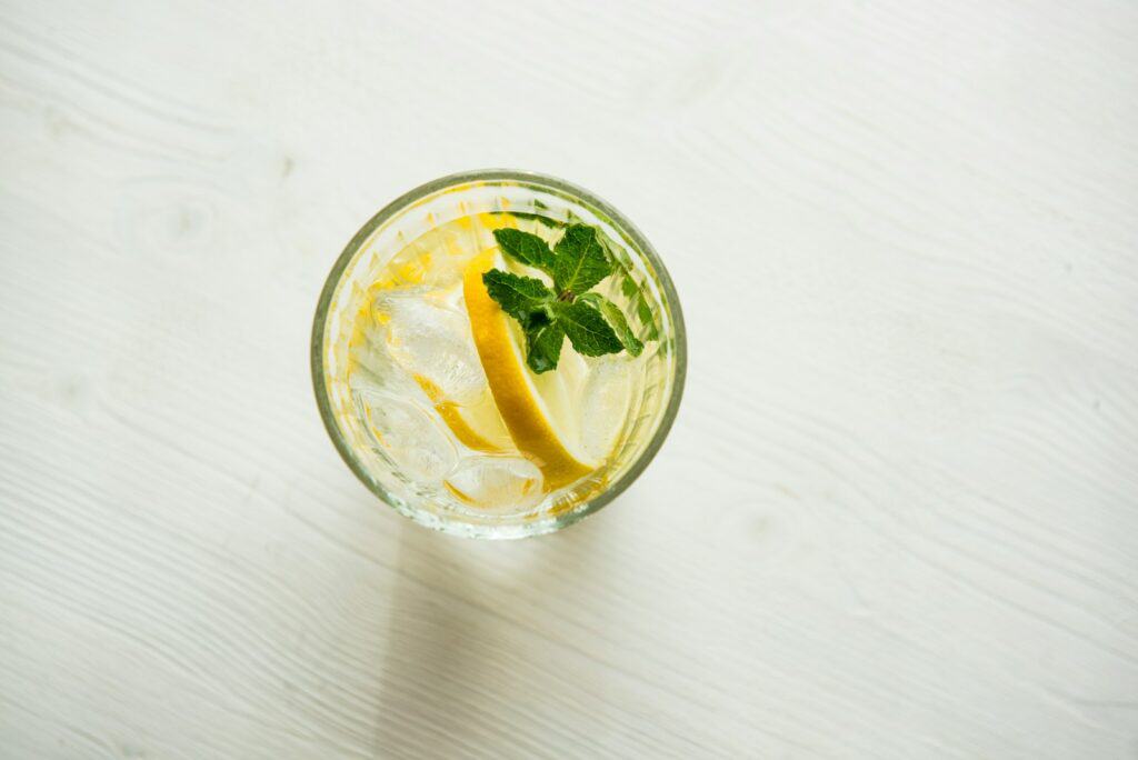 filled clear drinking glass with sliced citrus and mint for hydration